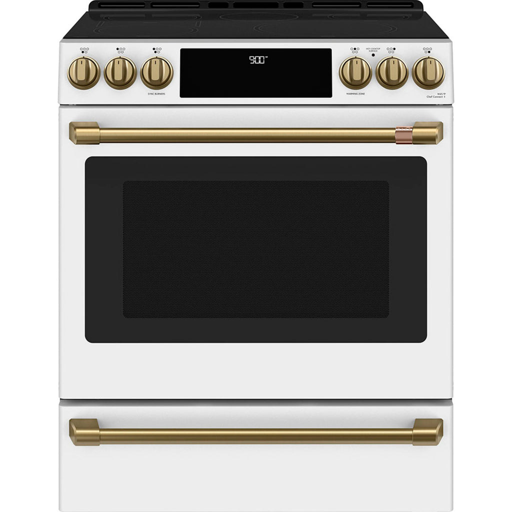 30" Induction Range with Warming Drawer and No-Preheat Air Fry in Matte White with Brushed Brass hardware