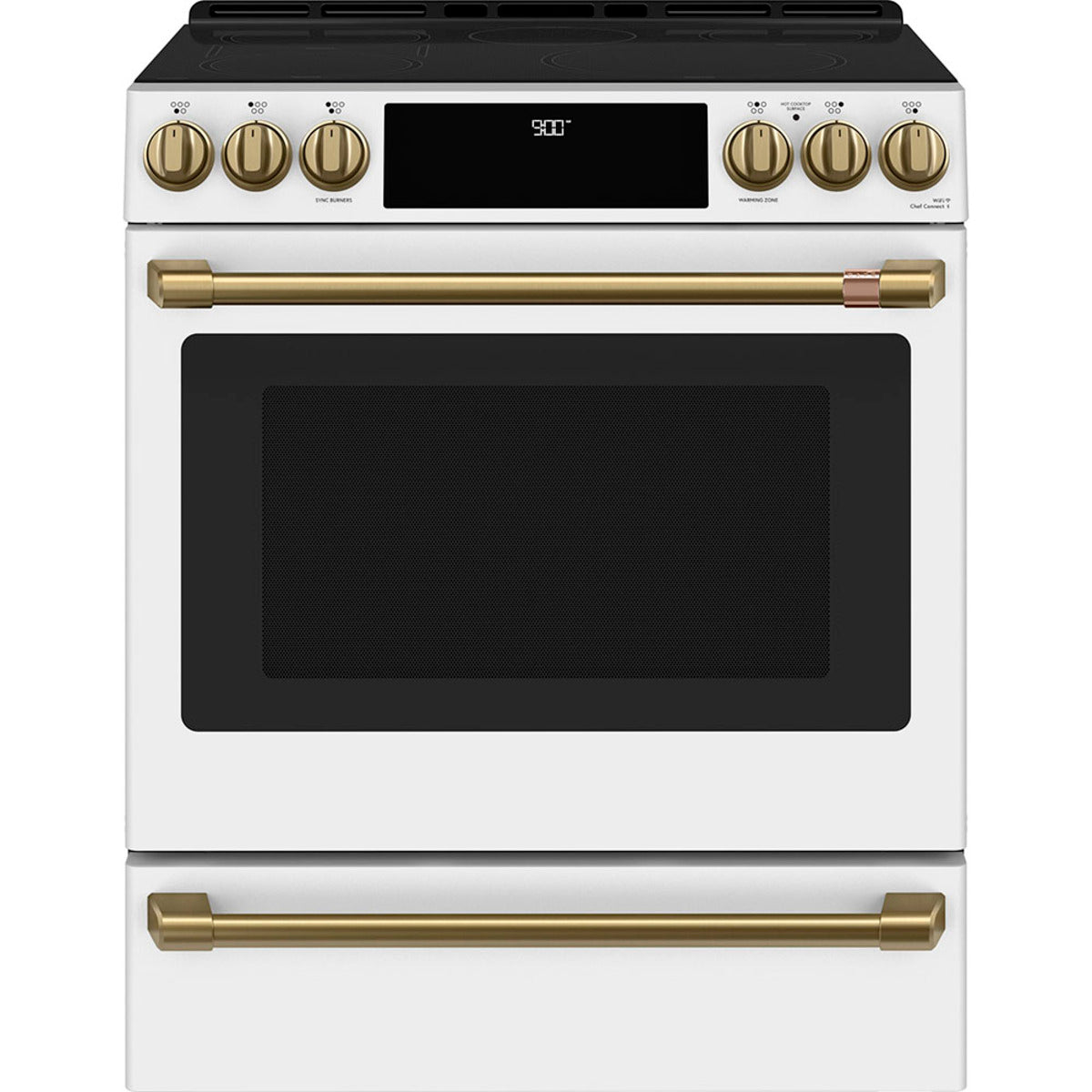 30" Induction Range with Warming Drawer and No-Preheat Air Fry in Matte White with Brushed Brass hardware