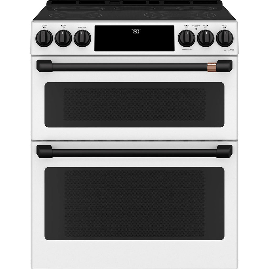 30" Slide-In Radiant Double Oven Range with No-Preheat Air Fry in Matte White with Flat Black hardware
