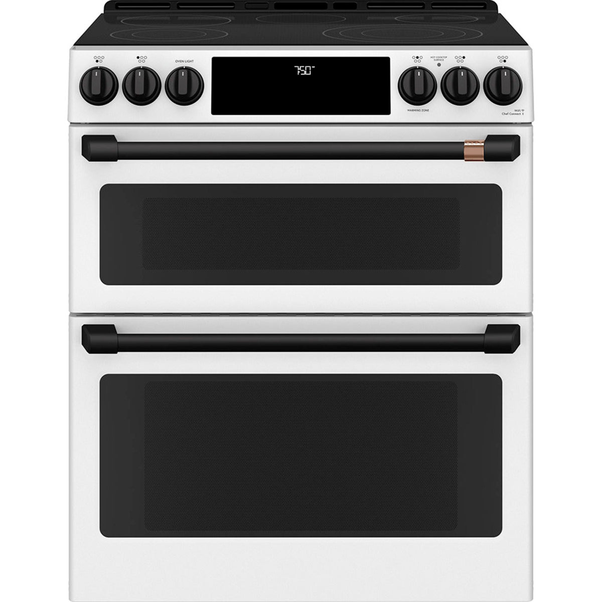 30" Slide-In Radiant Double Oven Range with No-Preheat Air Fry in Matte White with Flat Black hardware