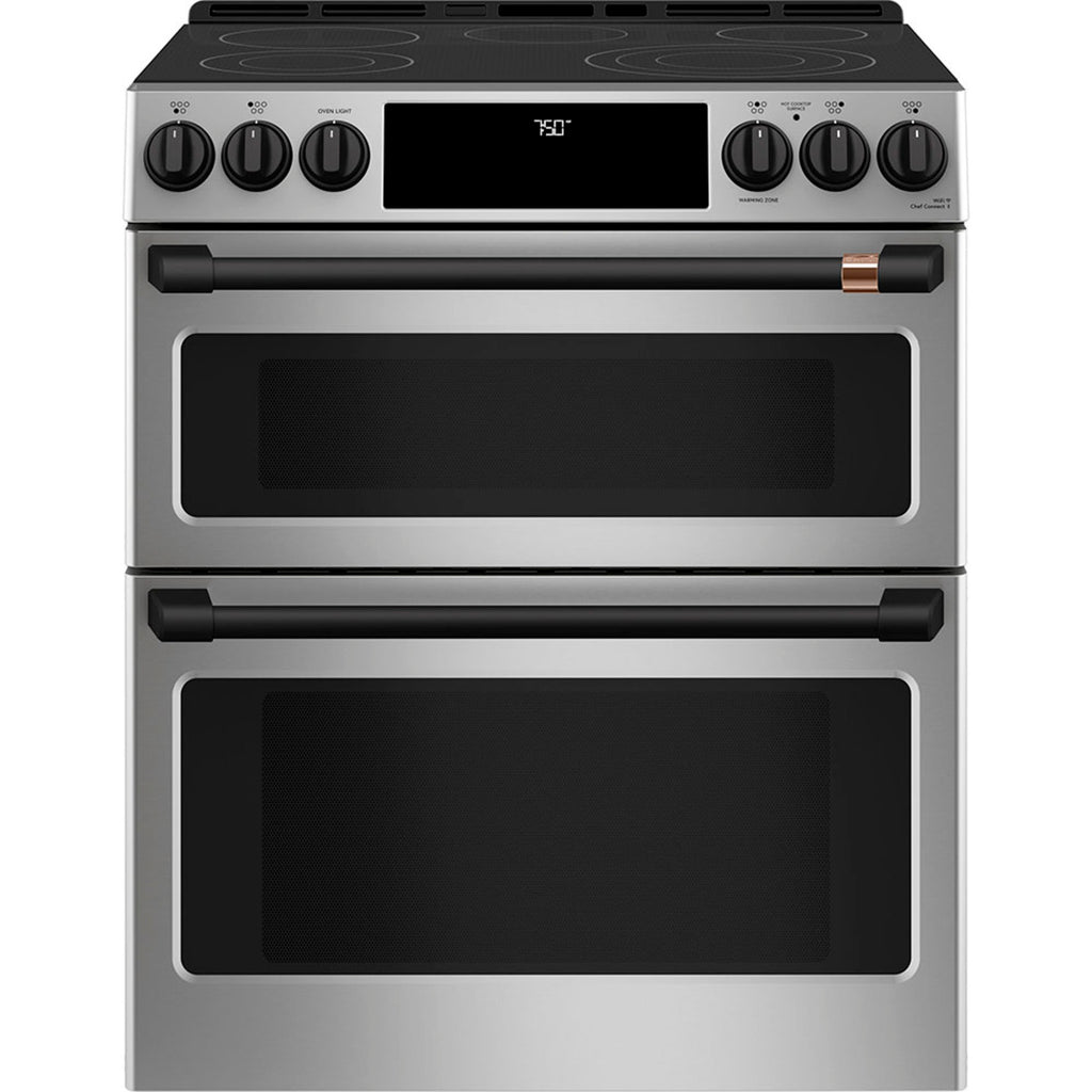 30" Slide-In Radiant Double Oven Range with No-Preheat Air Fry in Stainless Steel with Flat Black hardware