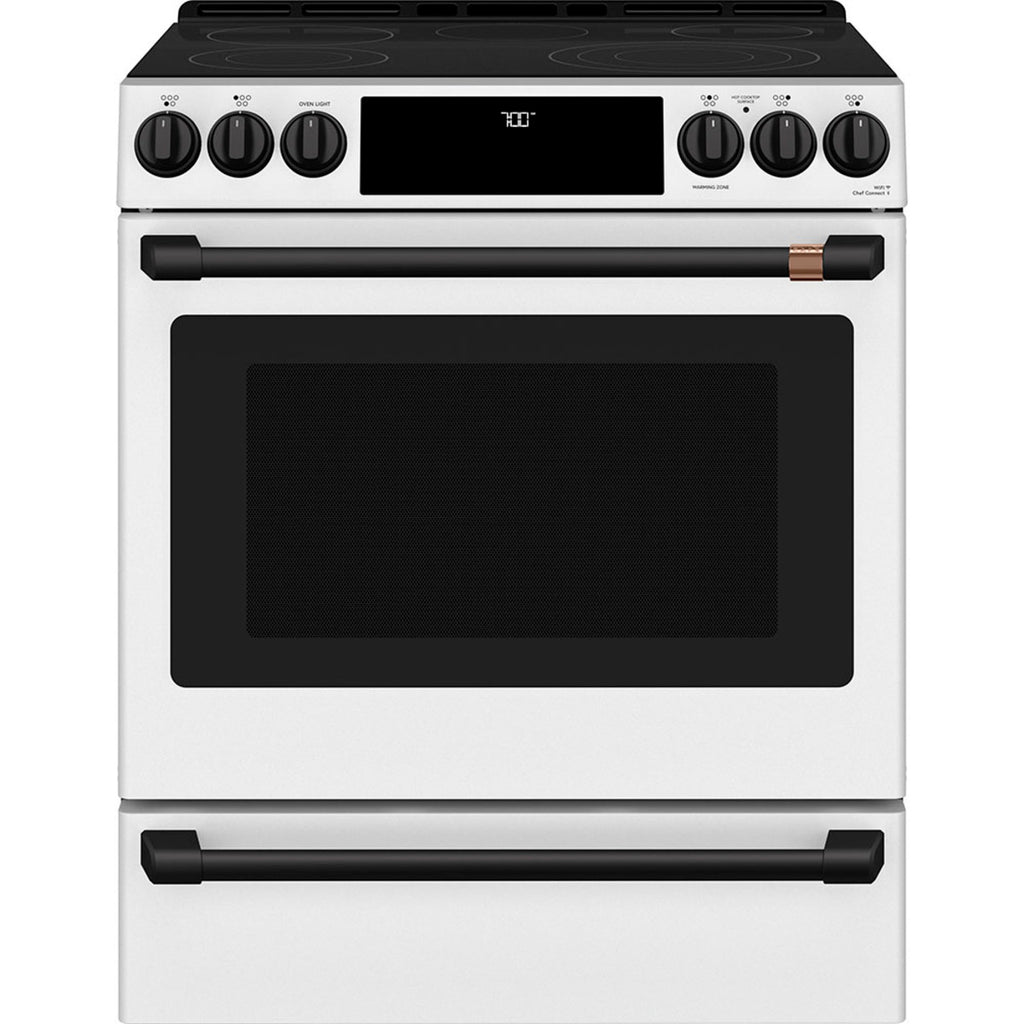 30" Slide-In Radiant Range with No-Preheat Air Fry in Matte White with Flat Black hardware