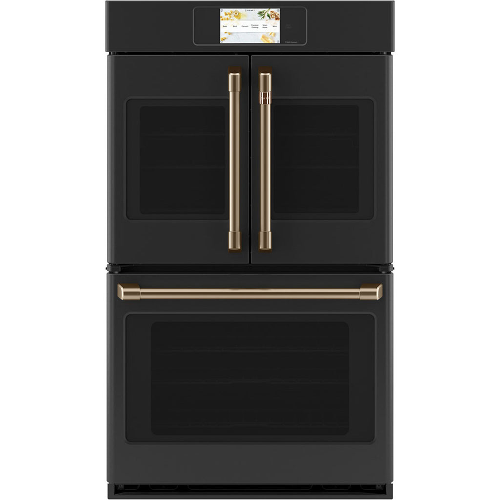 30" Built-In French-Door Double Convection Wall Oven in Matte Black with Brushed Bronze hardware