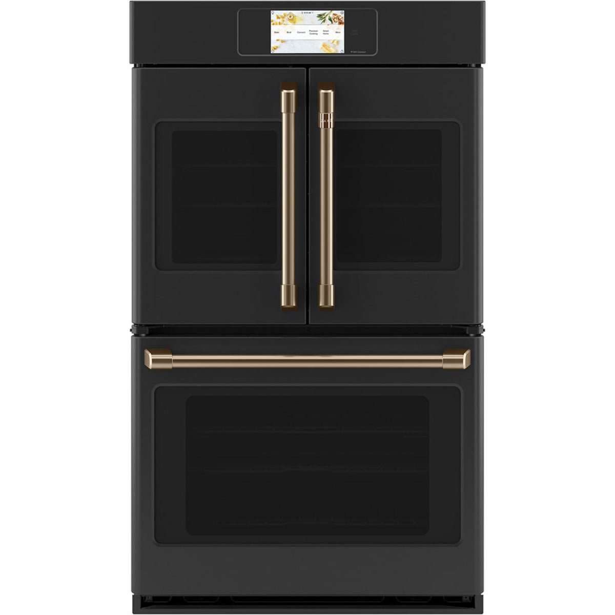 30" Built-In French-Door Double Convection Wall Oven in Matte Black with Brushed Bronze hardware