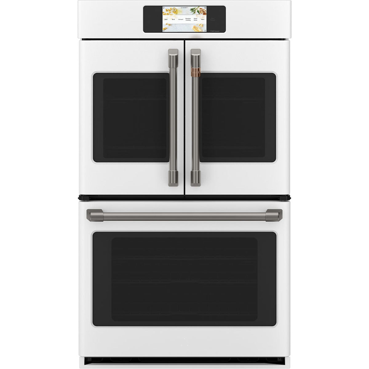 30" Built-In French-Door Double Convection Wall Oven in Matte White with Brushed Black hardware
