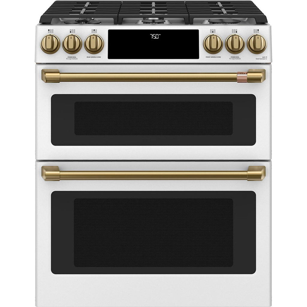 30" Double Oven Gas Range with No-Preheat Air Fry in Matte White with Brushed Brass hardware