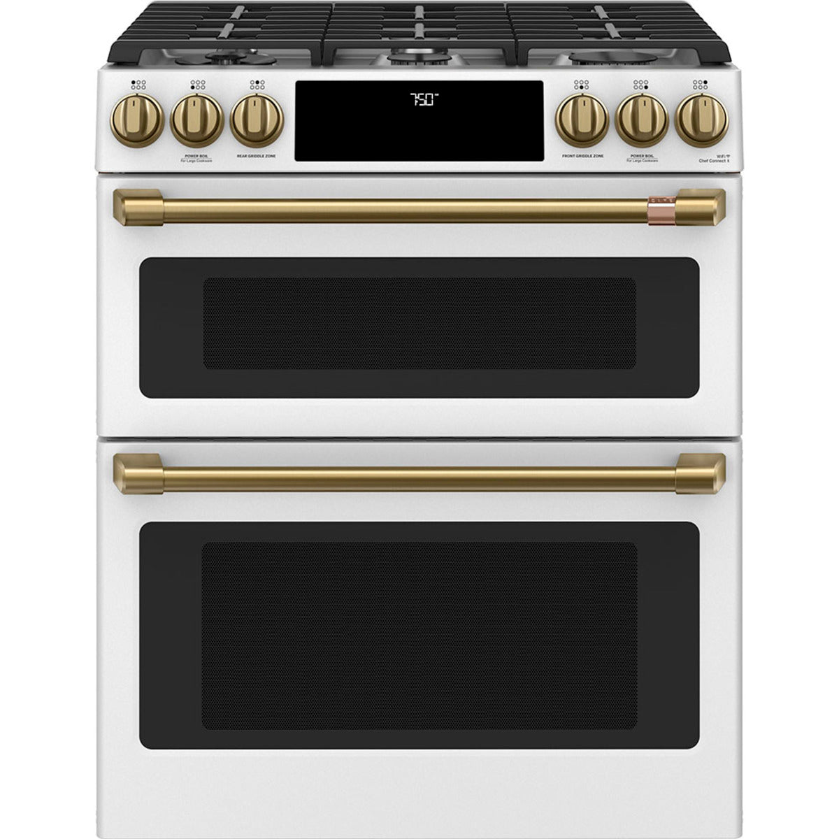 30" Double Oven Gas Range with No-Preheat Air Fry in Matte White with Brushed Brass hardware