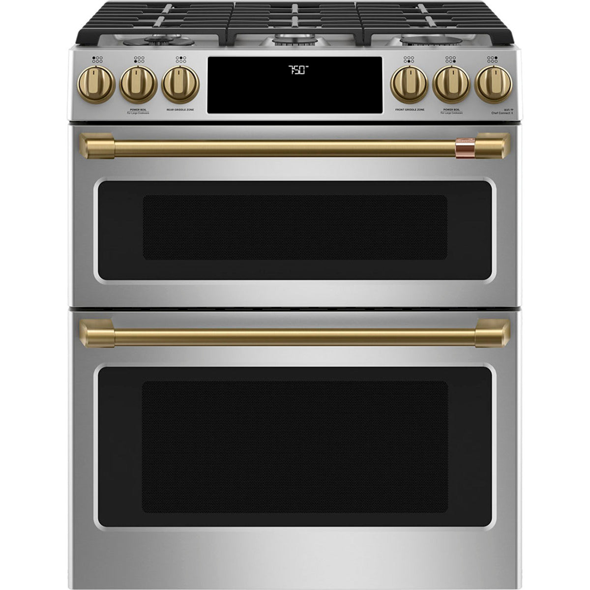 30" Double Oven Gas Range with No-Preheat Air Fry in Stainless Steel with Brushed Brass hardware