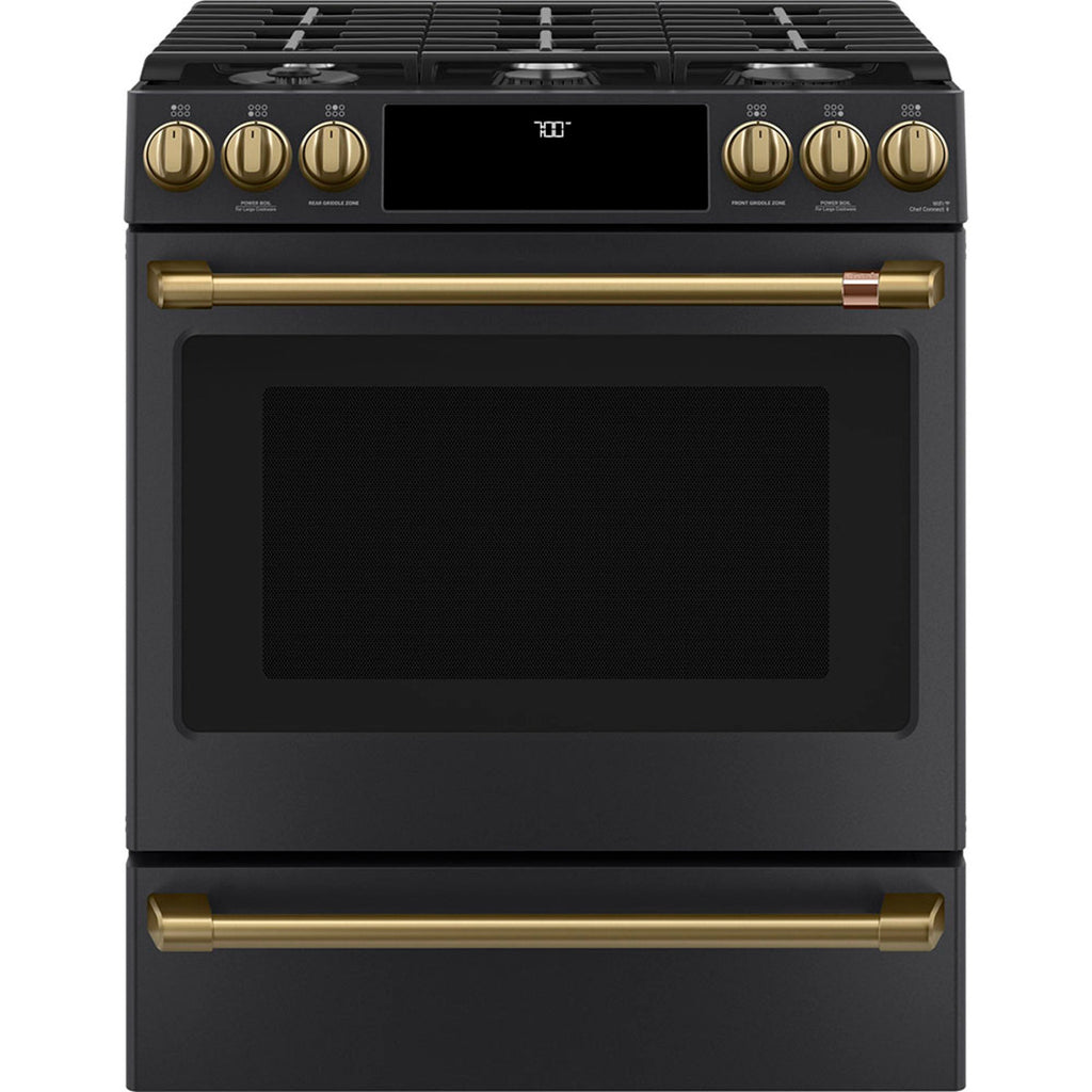 30" Slide-In Gas Range with Convection and No-Preheat Air Fry in Matte Black with Brushed Brass hardware