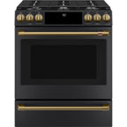 30" Slide-In Gas Range with Convection and No-Preheat Air Fry in Matte Black with Brushed Brass hardware