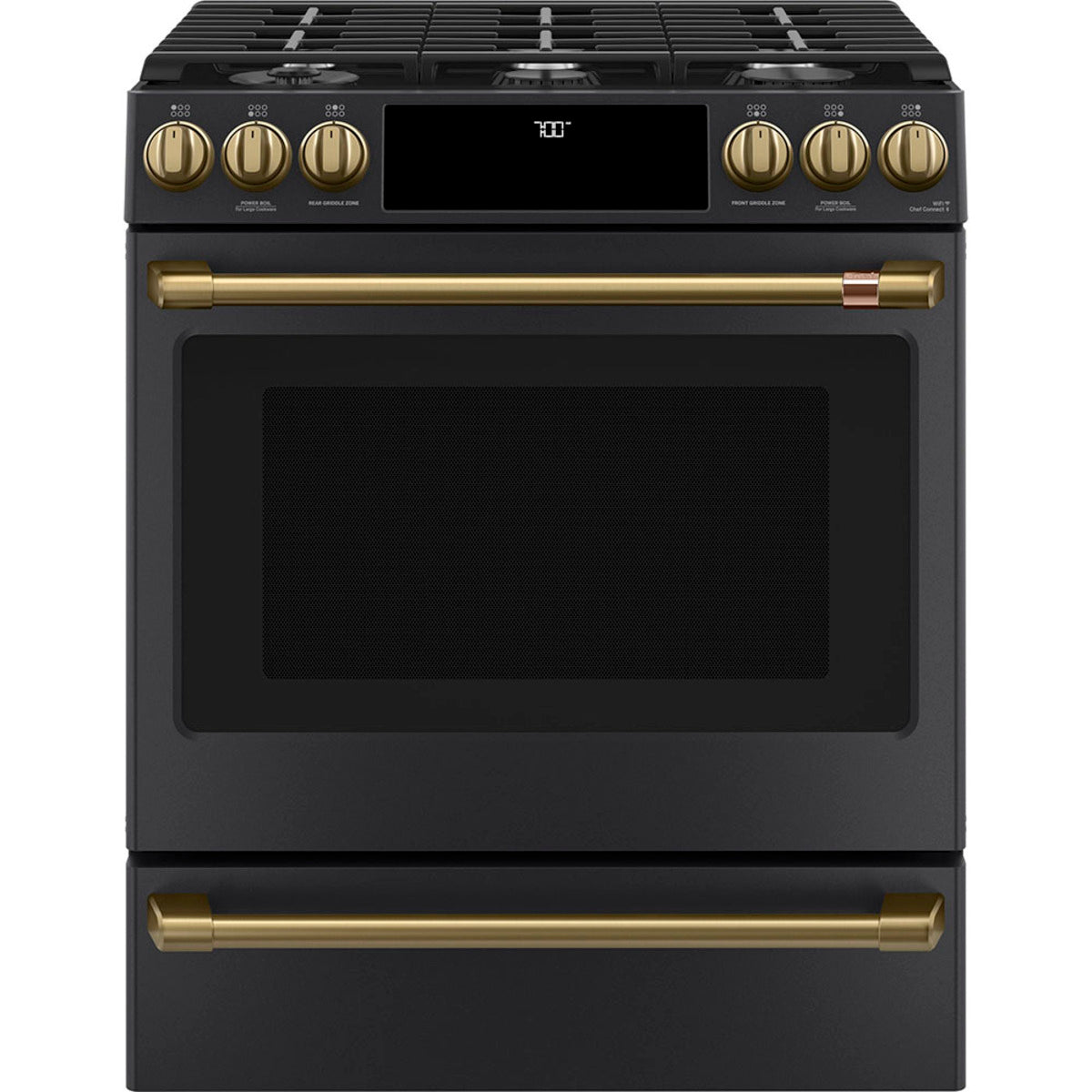 30" Slide-In Gas Range with Convection and No-Preheat Air Fry in Matte Black with Brushed Brass hardware