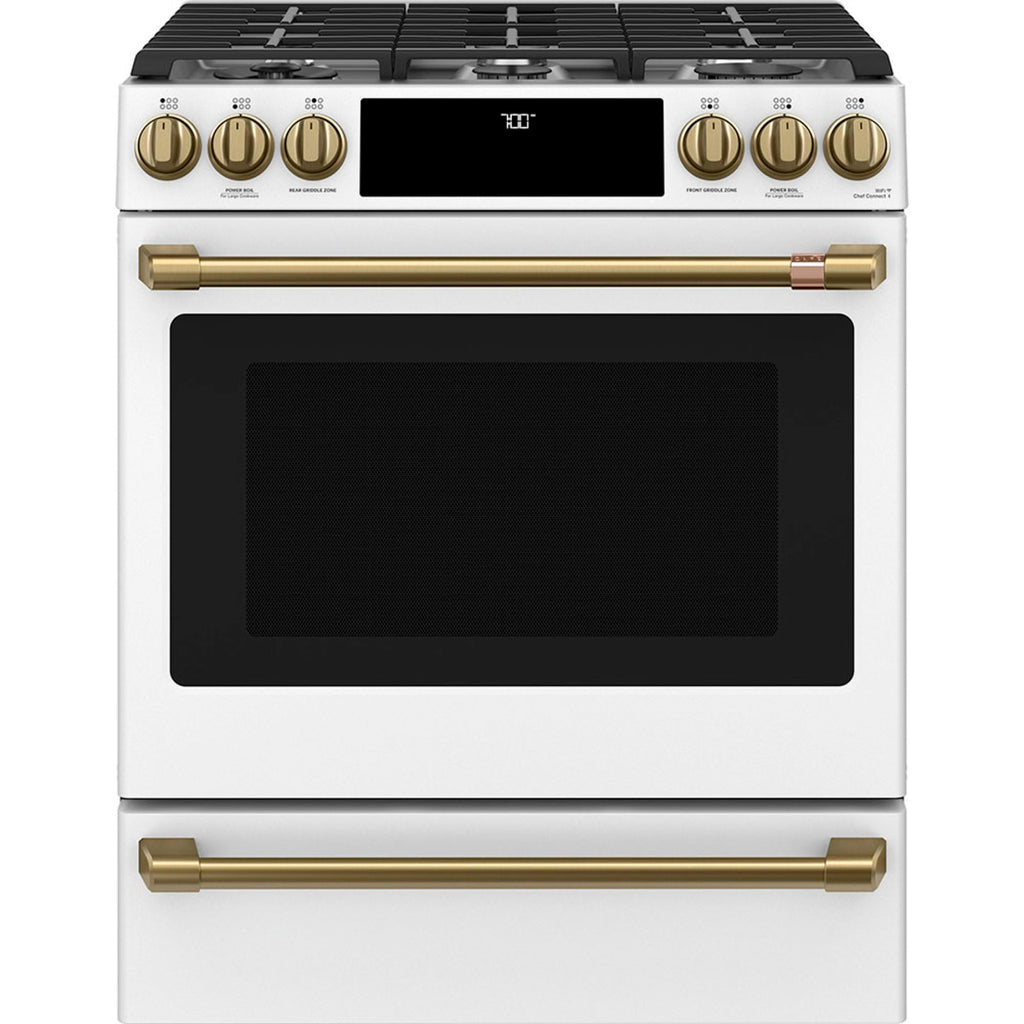 30" Slide-In Gas Range with Convection and No-Preheat Air Fry in Matte White with Brushed Brass hardware