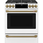 30" Slide-In Gas Range with Convection and No-Preheat Air Fry in Matte White with Brushed Brass hardware
