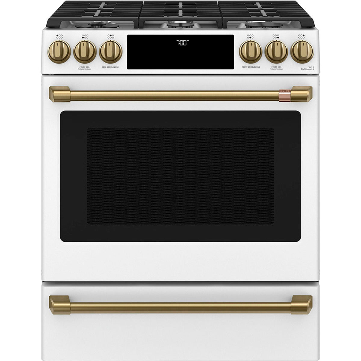 30" Slide-In Gas Range with Convection and No-Preheat Air Fry in Matte White with Brushed Brass hardware