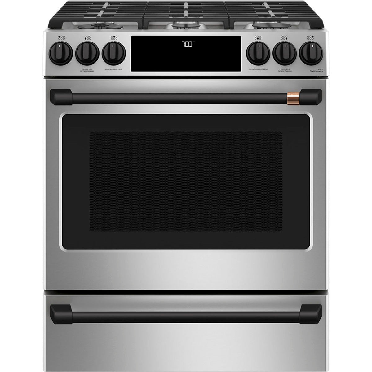 30" Slide-In Gas Range with Convection and No-Preheat Air Fry in Stainless Steel with Flat Black hardware