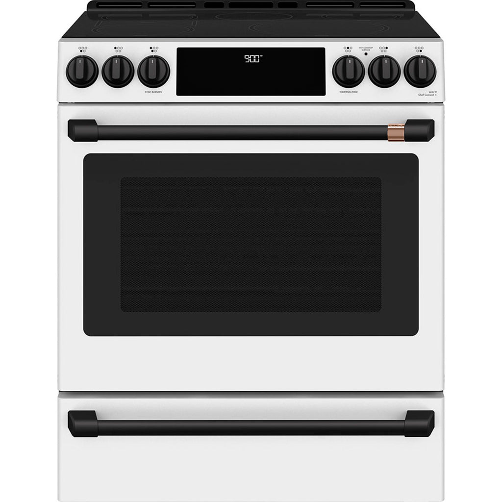 30" Induction Range with Warming Drawer and No-Preheat Air Fry in Matte White with Flat Black hardware