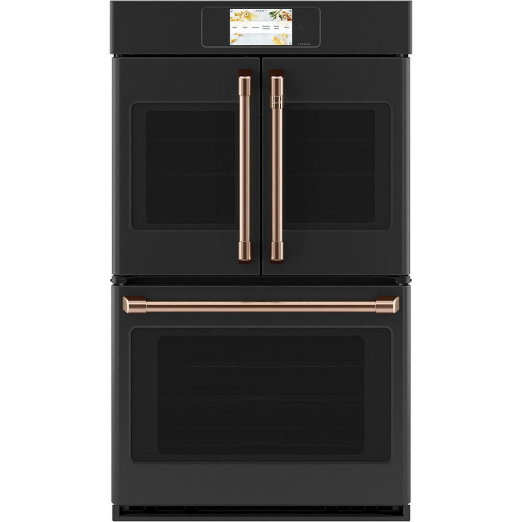 30" Built-In French-Door Double Convection Wall Oven in Matte Black with Brushed Copper hardware