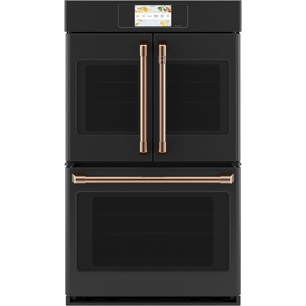 30" Built-In French-Door Double Convection Wall Oven in Matte Black with Brushed Copper hardware