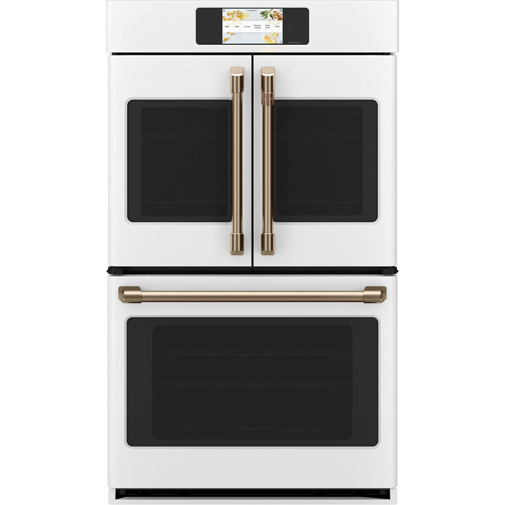 30" Built-In French-Door Double Convection Wall Oven in Matte White with Brushed Bronze hardware