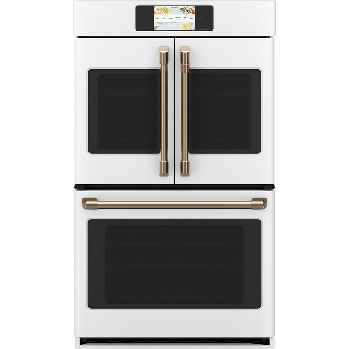 30" Built-In French-Door Double Convection Wall Oven in Matte White with Brushed Bronze hardware