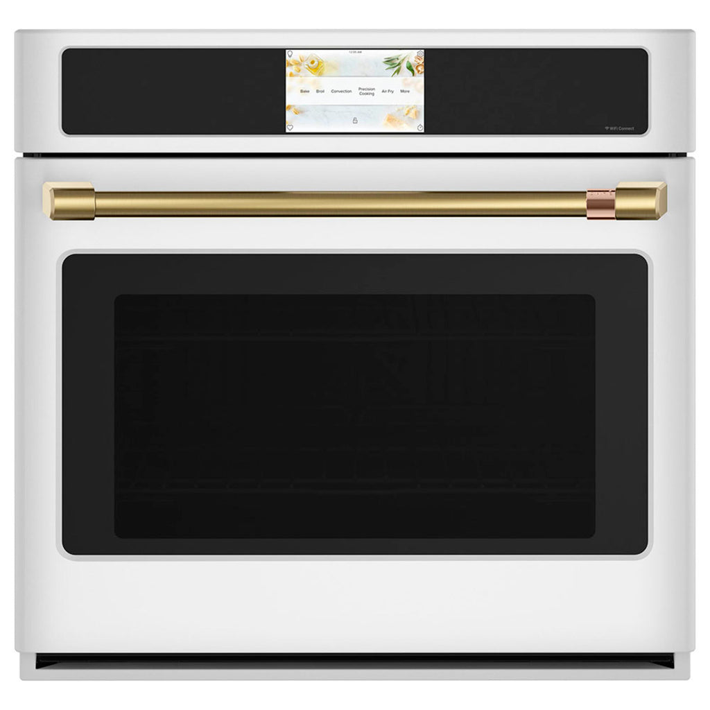 30" Built-In Convection Single Wall Oven with No-Preheat Air Fry in Matte White with Brushed Brass hardware