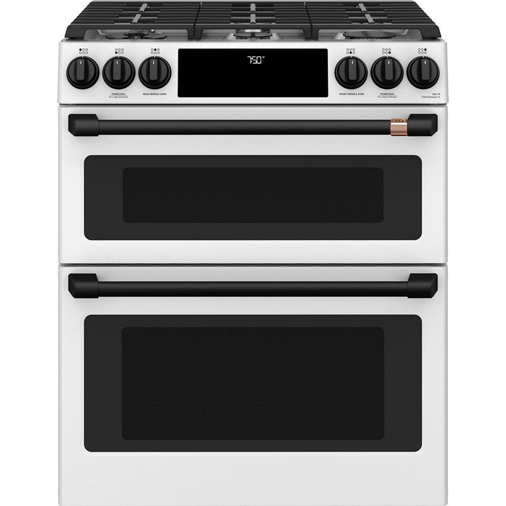 30" Double Oven Gas Range with No-Preheat Air Fry in Matte White with Flat Black hardware
