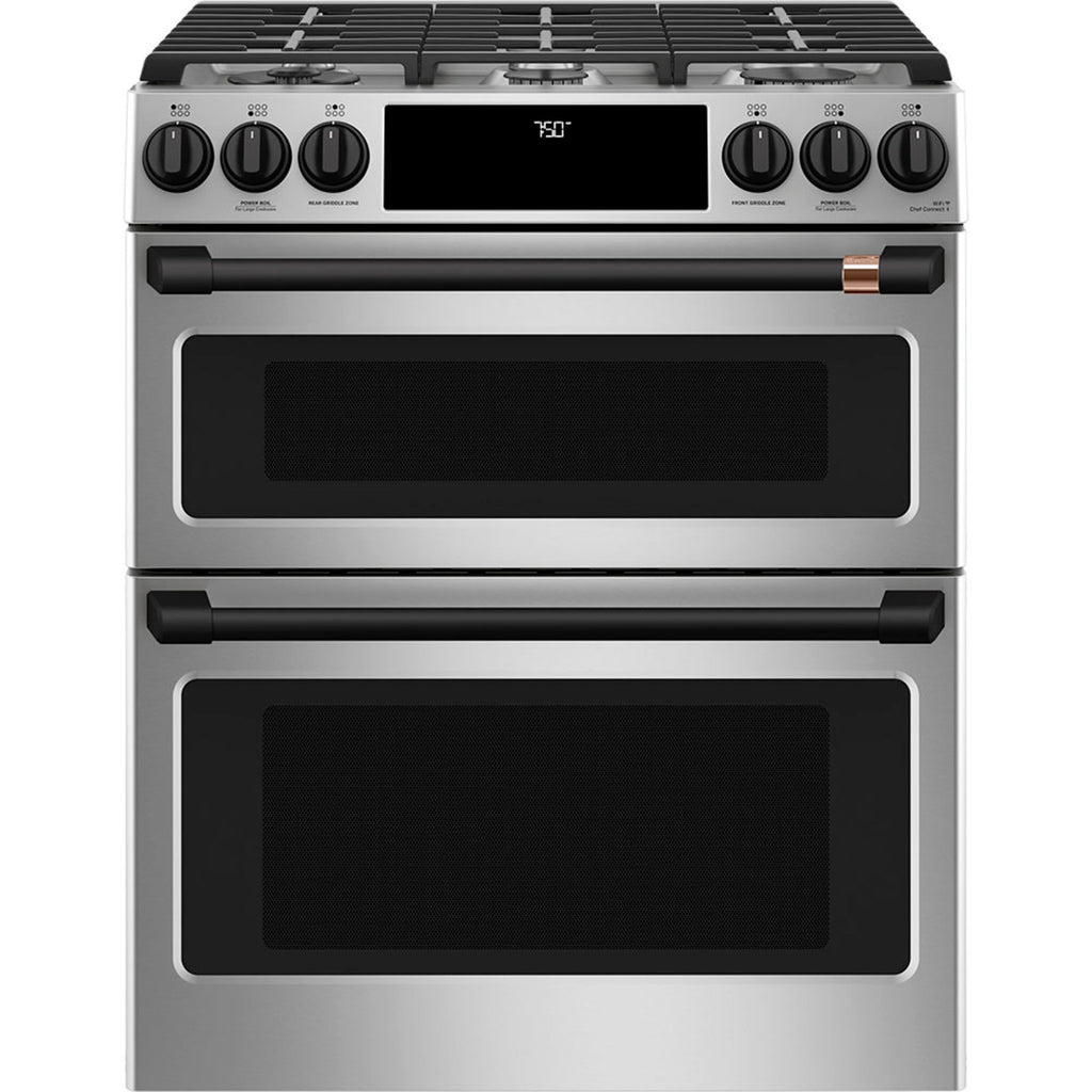 30" Double Oven Gas Range with No-Preheat Air Fry in Stainless Steel with Flat Black hardware