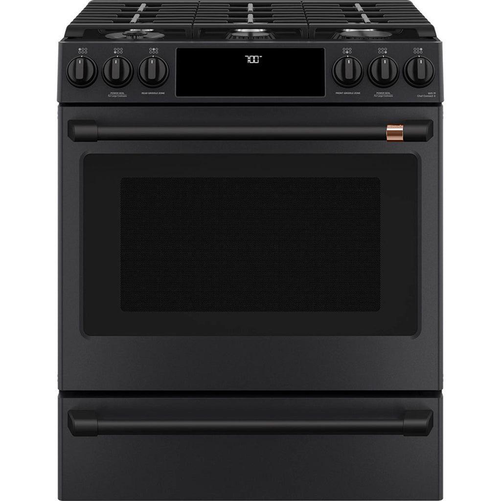 30" Slide-In Gas Range with Convection and No-Preheat Air Fry in Matte Black with Flat Black hardware
