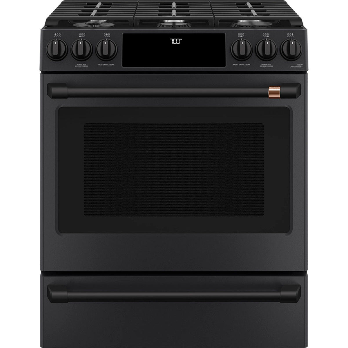 30" Slide-In Gas Range with Convection and No-Preheat Air Fry in Matte Black with Flat Black hardware