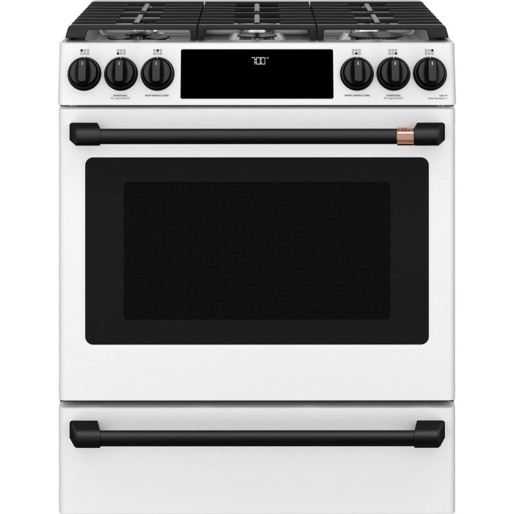 30" Slide-In Gas Range with Convection and No-Preheat Air Fry in Matte White with Flat Black hardware