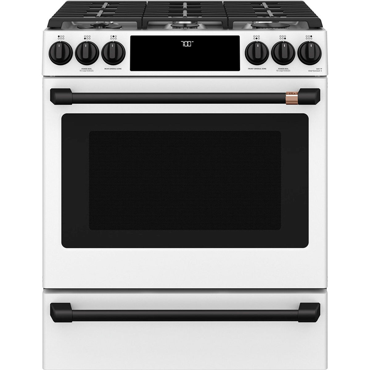 30" Slide-In Gas Range with Convection and No-Preheat Air Fry in Matte White with Flat Black hardware