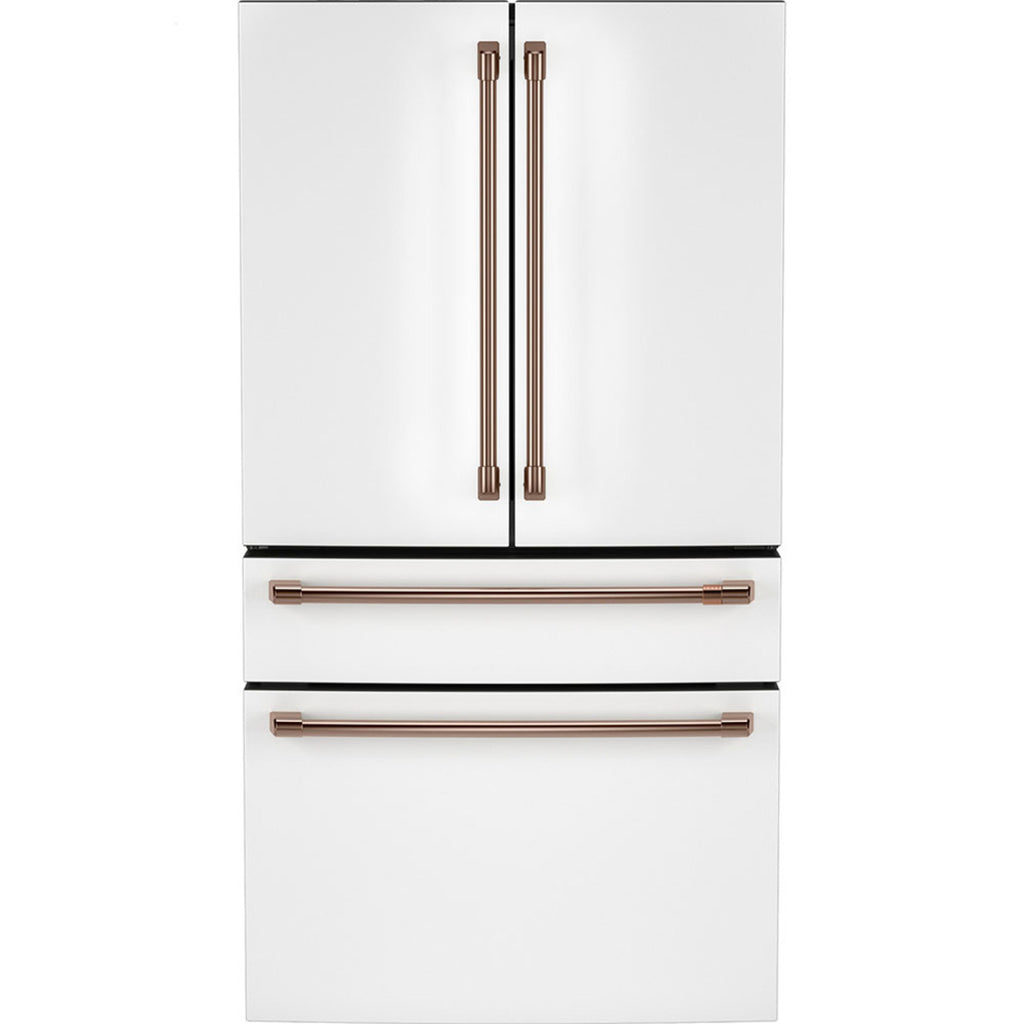 23.2 Cu. Ft. Counter-Depth 4-Door French-Door Refrigerator with Dual-Dispense AutoFill Pitcher in Matte White with Brushed Copper hardware