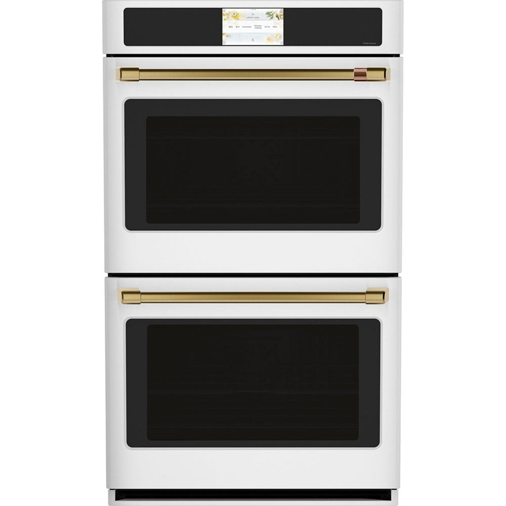 30" Built-In Convection Double Wall Oven in Matte White with Brushed Brass hardware