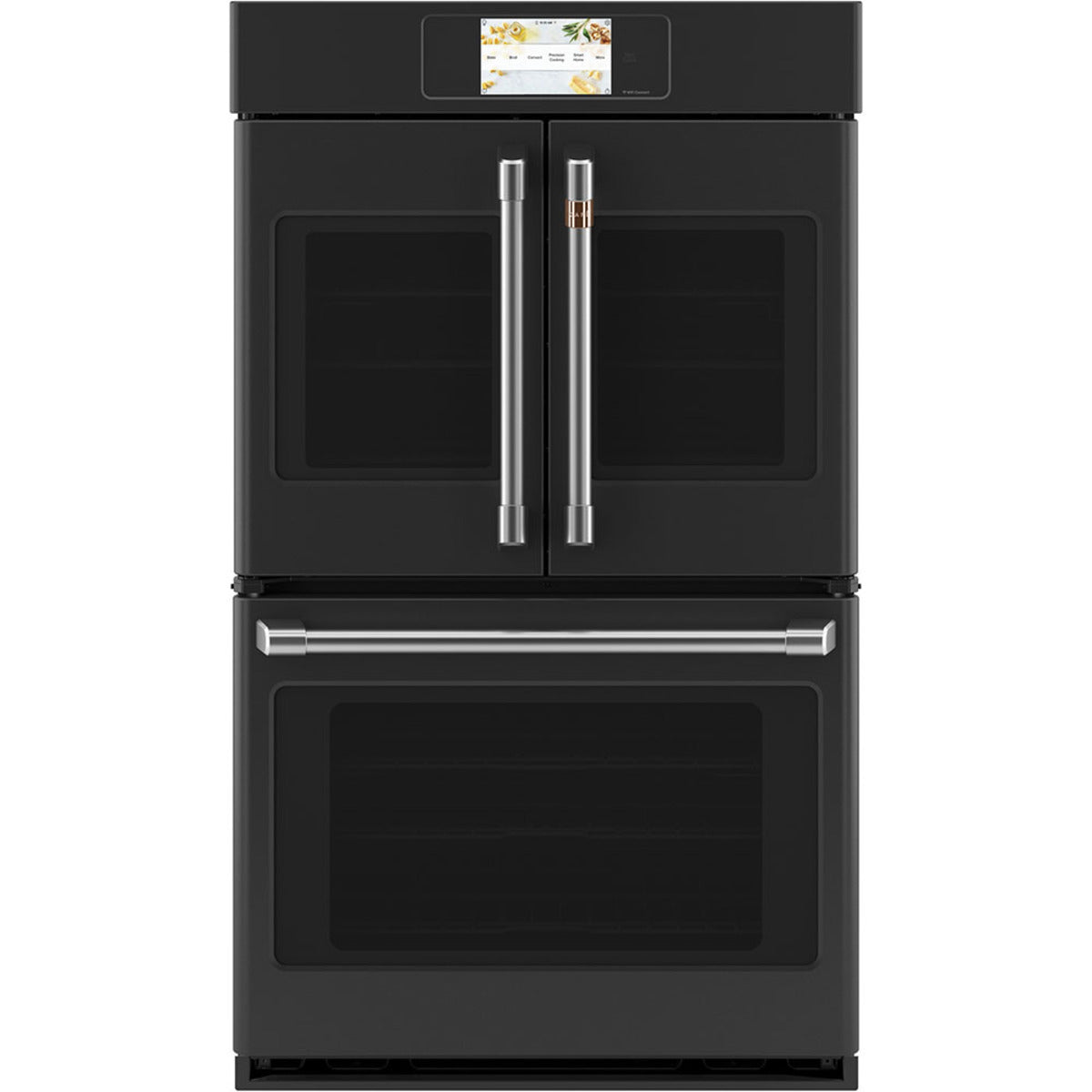 30" Built-In French-Door Double Convection Wall Oven in Matte Black with Brushed Stainless hardware