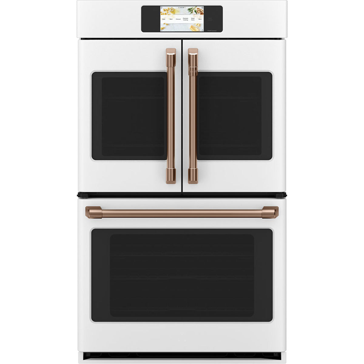 30" Built-In French-Door Double Convection Wall Oven in Matte White with Brushed Copper hardware