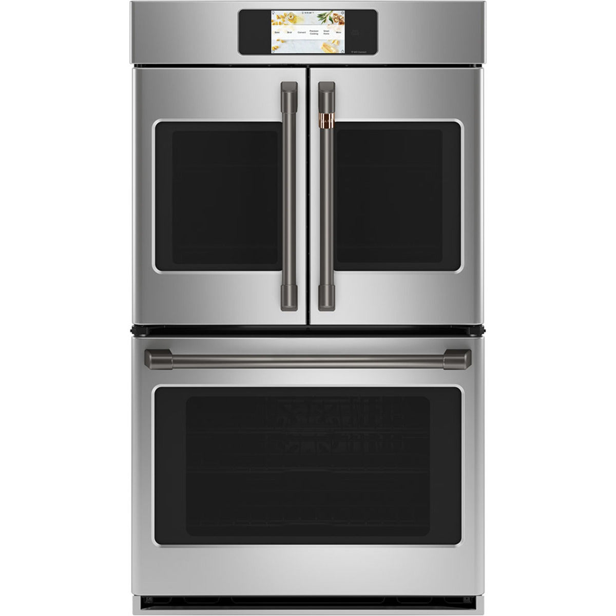30" Built-In French-Door Double Convection Wall Oven in Stainless Steel with Brushed Black hardware