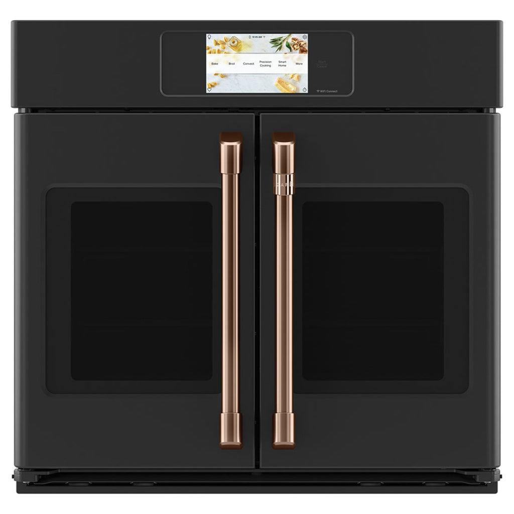 30" Built-In French-Door Single Convection Wall Oven in Matte Black with Brushed Copper hardware