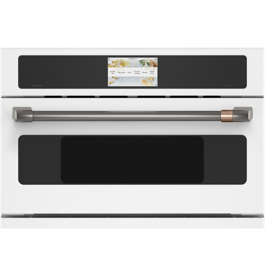 30" Smart Five in One Oven with 120V Advantium Technology in Matte White with Brushed Black hardware