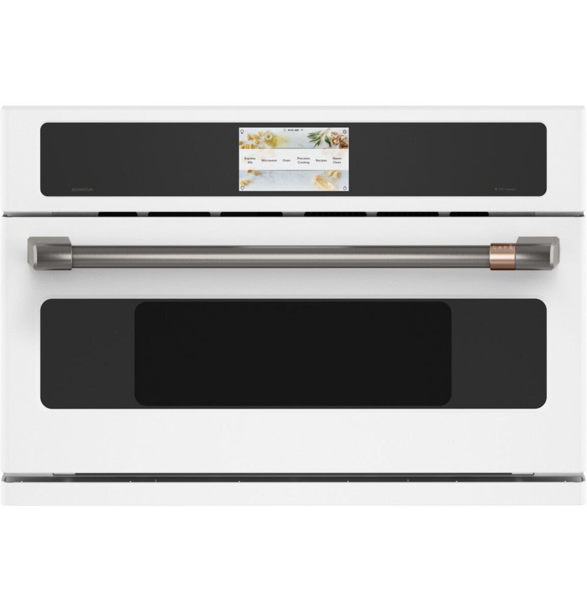 30" Smart Five in One Oven with 120V Advantium Technology in Matte White with Brushed Black hardware
