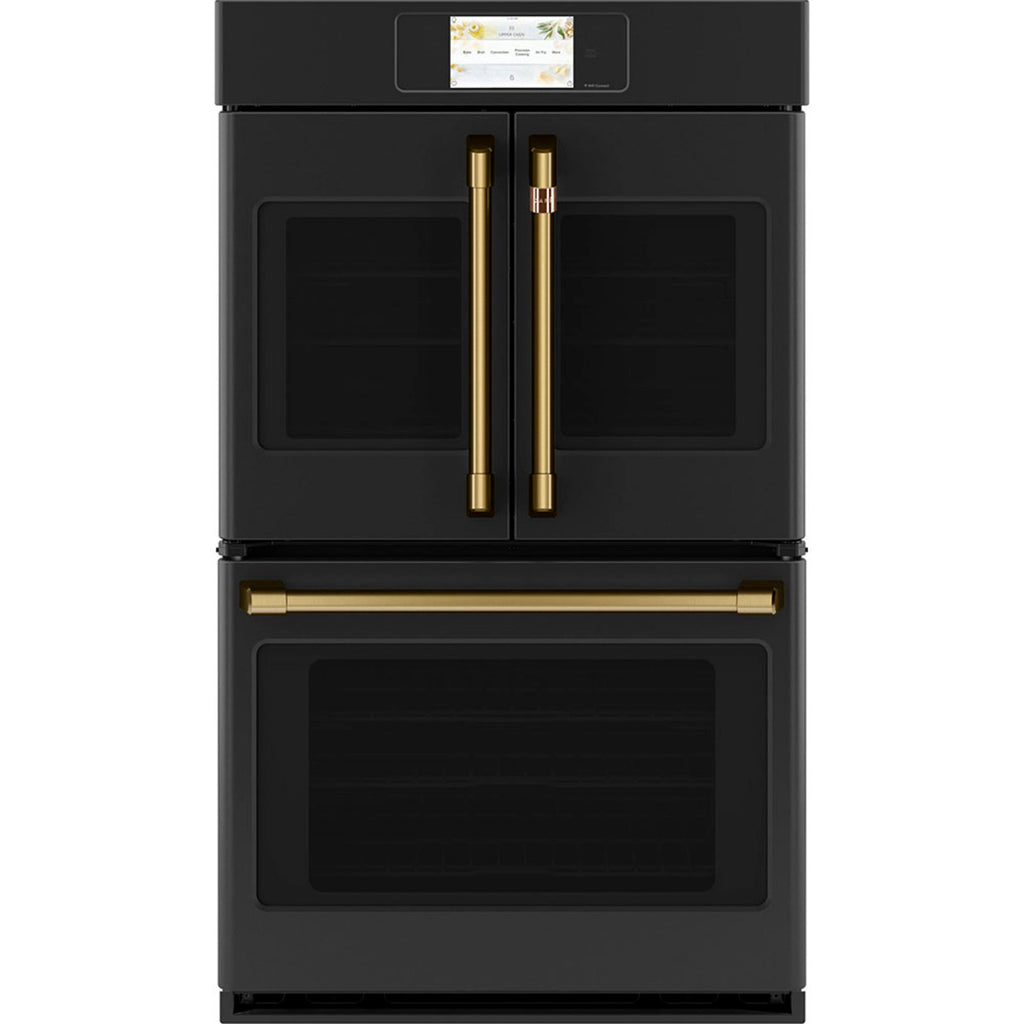30" Built-In French-Door Double Convection Wall Oven in Matte Black with Brushed Brass hardware