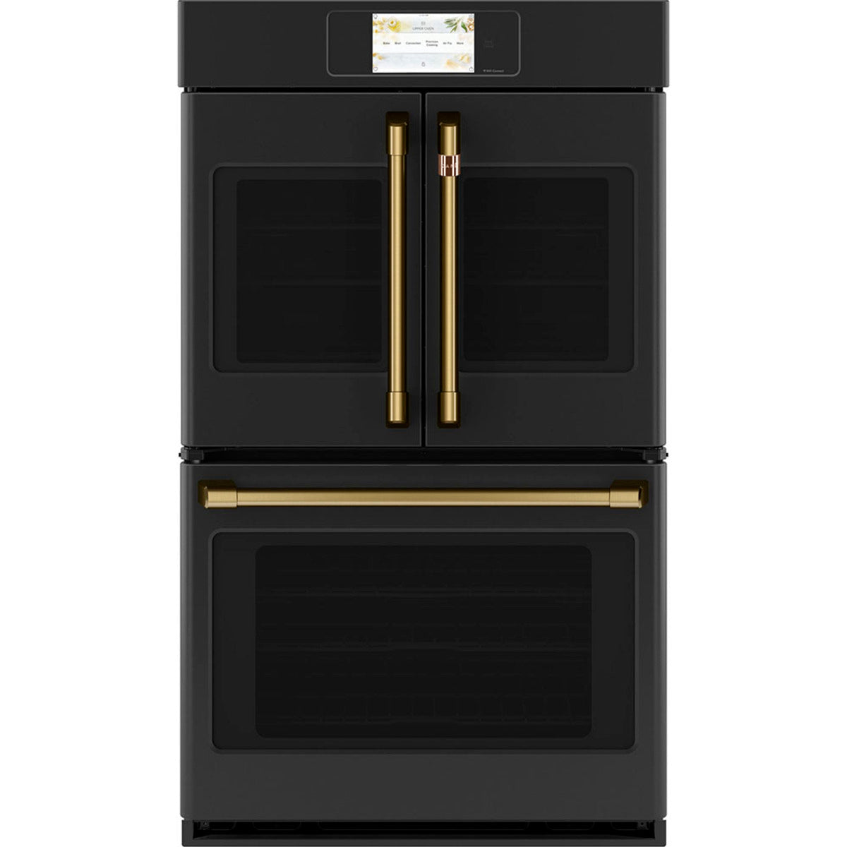 30" Built-In French-Door Double Convection Wall Oven in Matte Black with Brushed Brass hardware