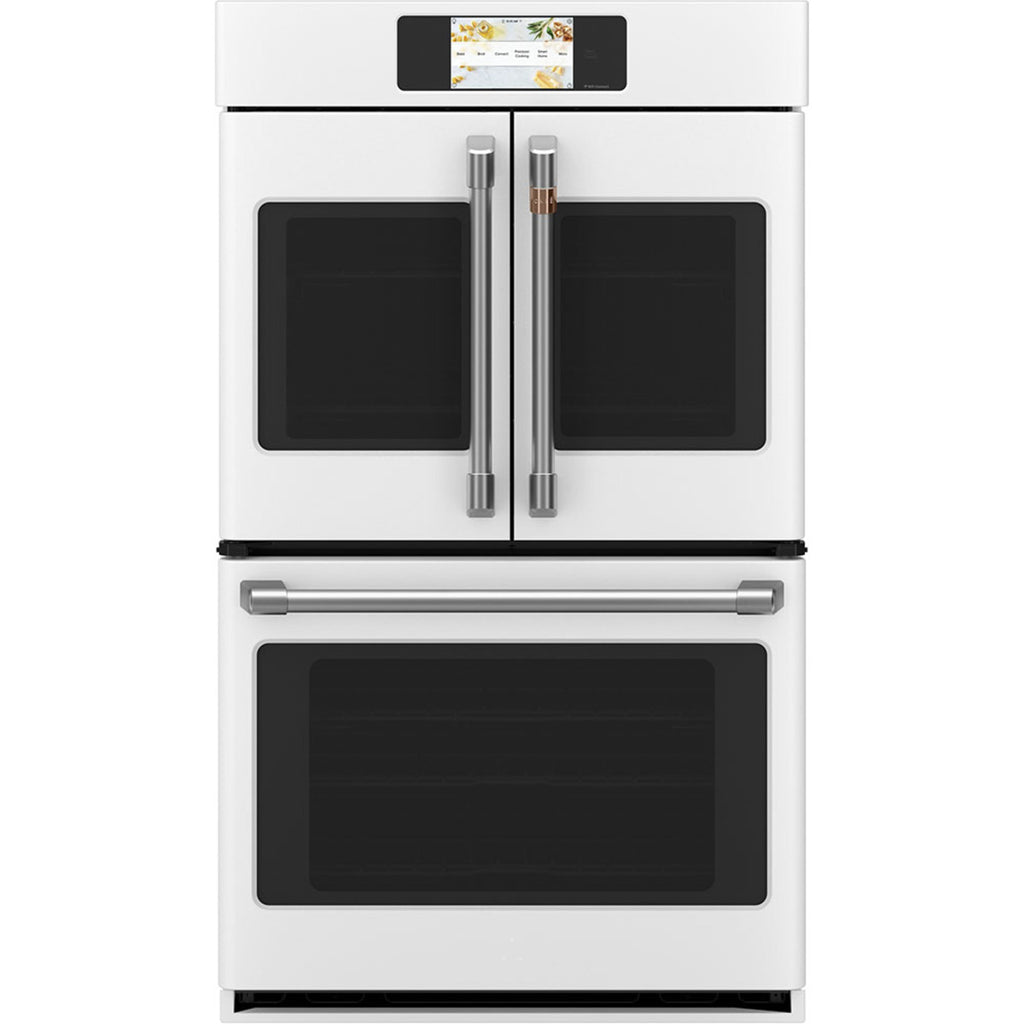 30" Built-In French-Door Double Convection Wall Oven in Matte White with Brushed Stainless hardware