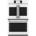 30" Built-In French-Door Double Convection Wall Oven in Matte White with Brushed Stainless hardware