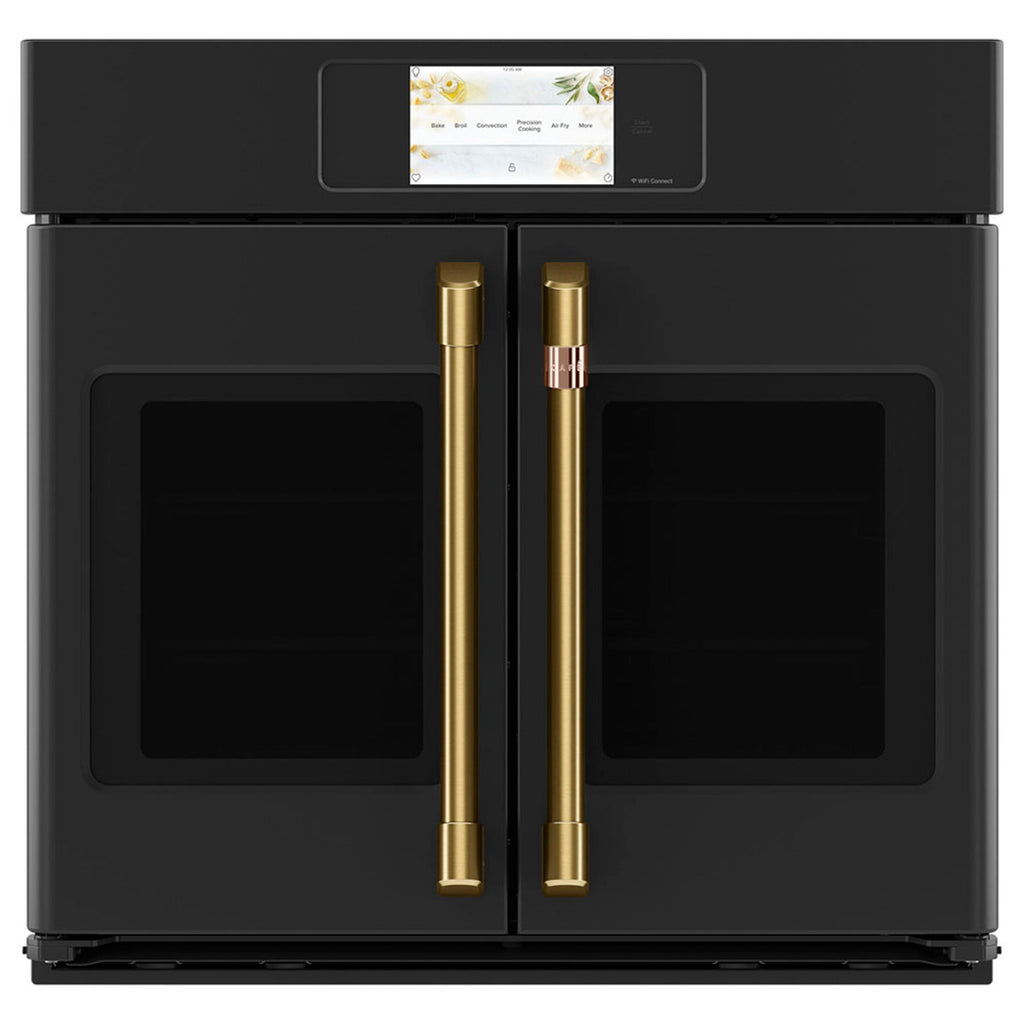 30" Built-In French-Door Single Convection Wall Oven in Matte Black with Brushed Brass hardware