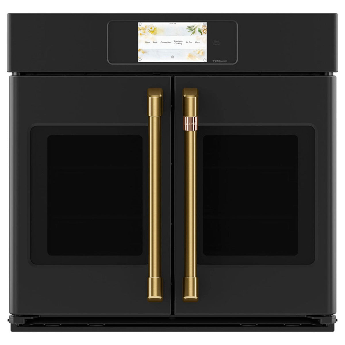 30" Built-In French-Door Single Convection Wall Oven in Matte Black with Brushed Brass hardware