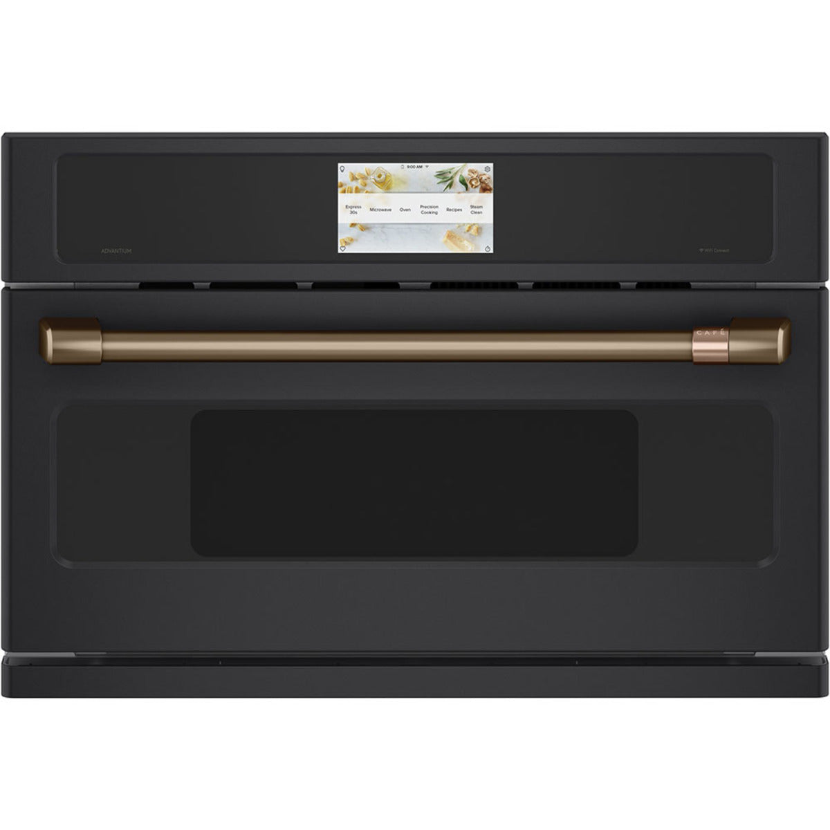 30" Smart Five in One Oven with 120V Advantium Technology in Matte Black with Brushed Bronze hardware