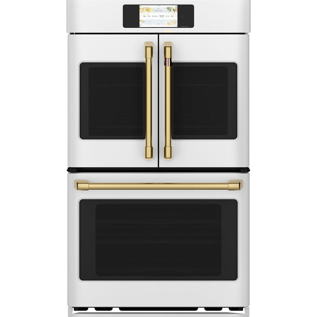 30" Built-In French-Door Double Convection Wall Oven in Matte White with Brushed Brass hardware