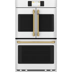30" Built-In French-Door Double Convection Wall Oven in Matte White with Brushed Brass hardware