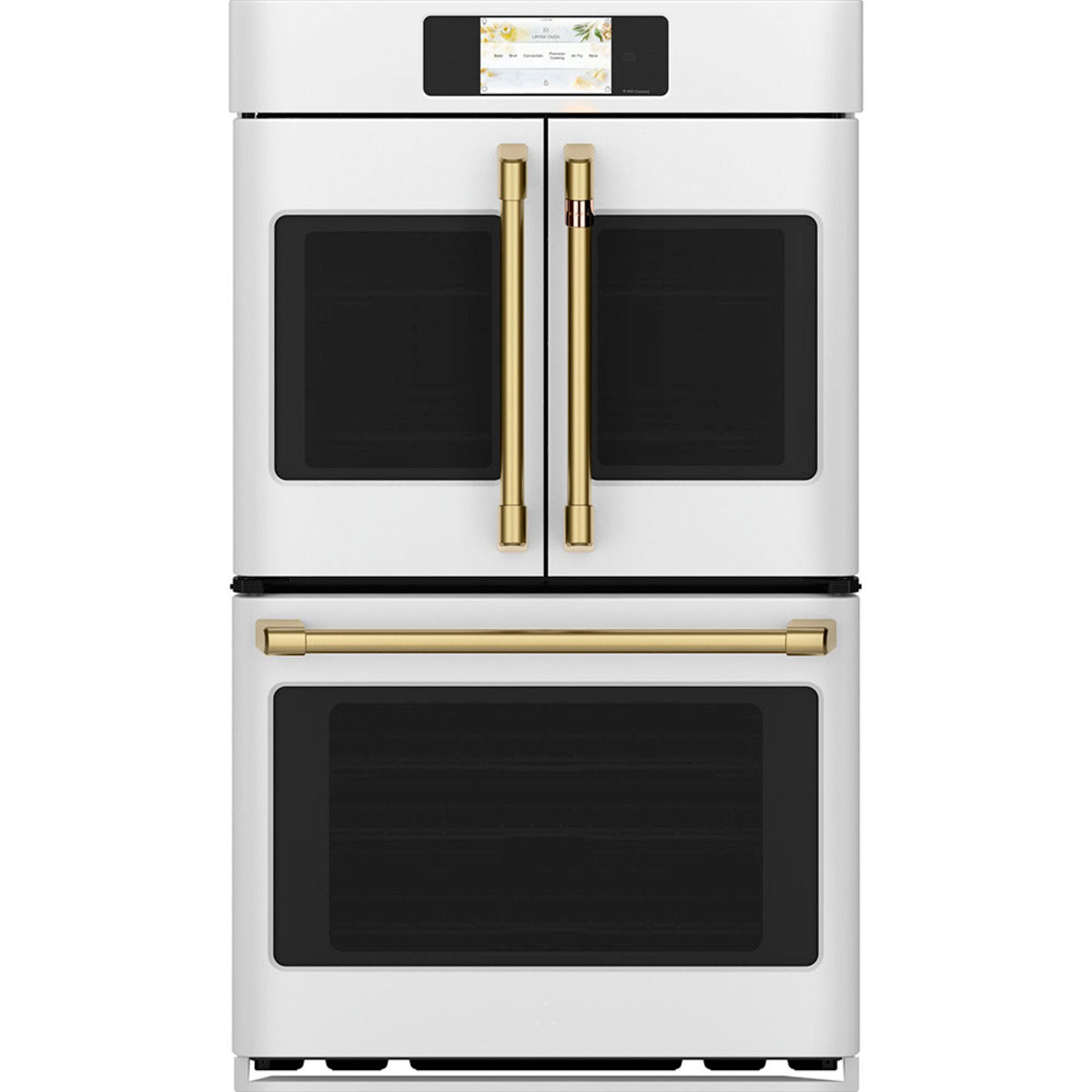 30" Built-In French-Door Double Convection Wall Oven in Matte White with Brushed Brass hardware