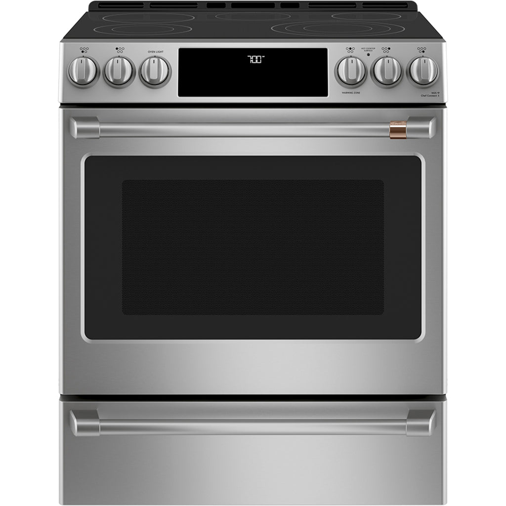 30" Slide-In Front Control Electric Range with Warming Drawer in Stainless Steel with Brushed Stainless hardware